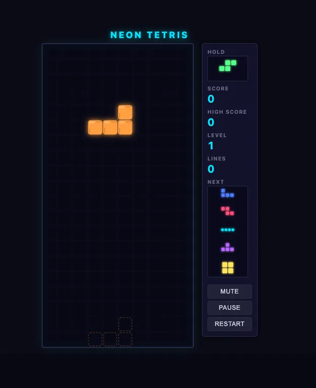Tetris clone built by GLM 5.1 with particle effects and starfield background