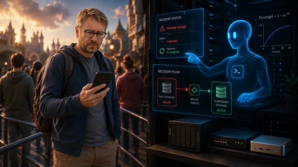 A man checking his phone in a theme park queue, with a holographic overlay showing a server outage and AI recovery flow diagram