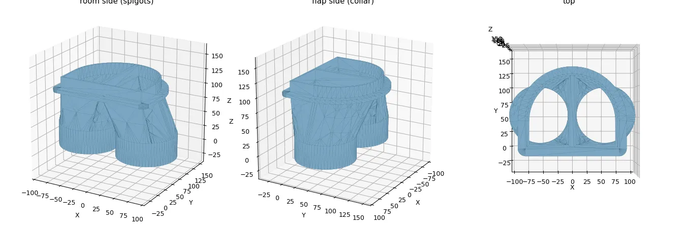 3D model render of the duct transition part shown from three angles: room side with spigots, flap side with collar, and top view